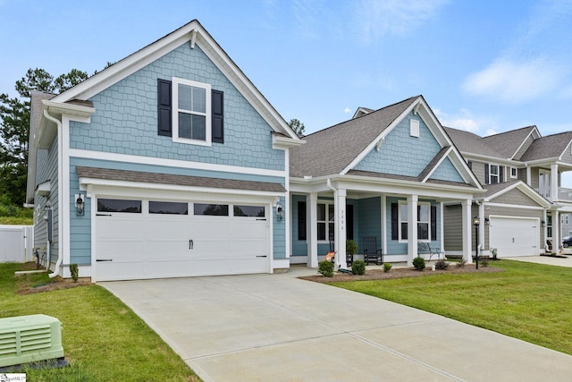 craftsman inspired home with a front lawn, a porch, and a garage