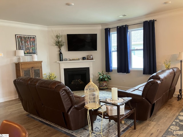 living room with light hardwood / wood-style flooring and crown molding