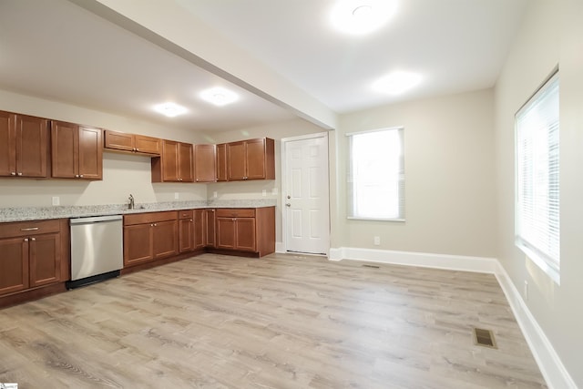 kitchen featuring a wealth of natural light, light wood-type flooring, and stainless steel dishwasher