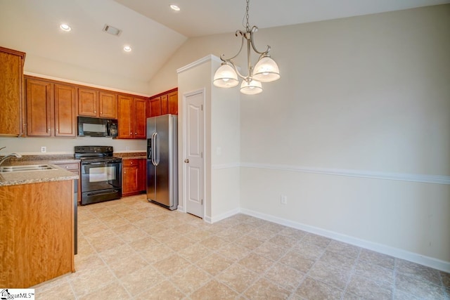 kitchen featuring a chandelier, sink, lofted ceiling, hanging light fixtures, and black appliances