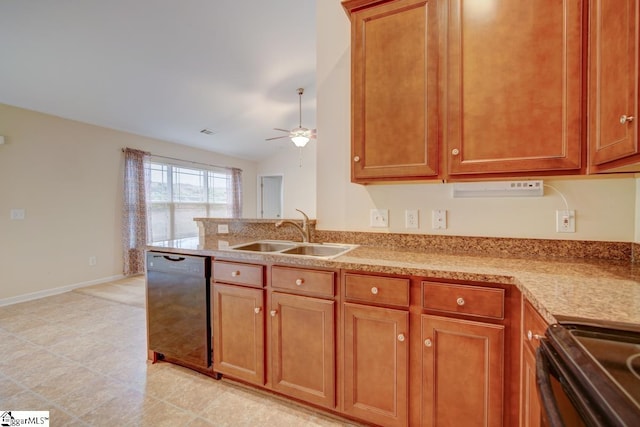 kitchen featuring dishwasher, sink, lofted ceiling, stainless steel stove, and ceiling fan