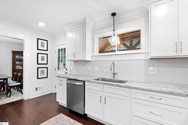 kitchen featuring hanging light fixtures, dark wood-type flooring, white cabinets, stainless steel dishwasher, and sink