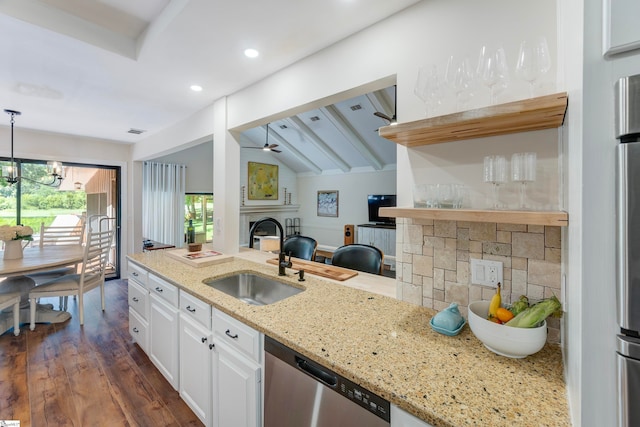 kitchen featuring vaulted ceiling with beams, white cabinets, sink, dishwasher, and dark hardwood / wood-style floors