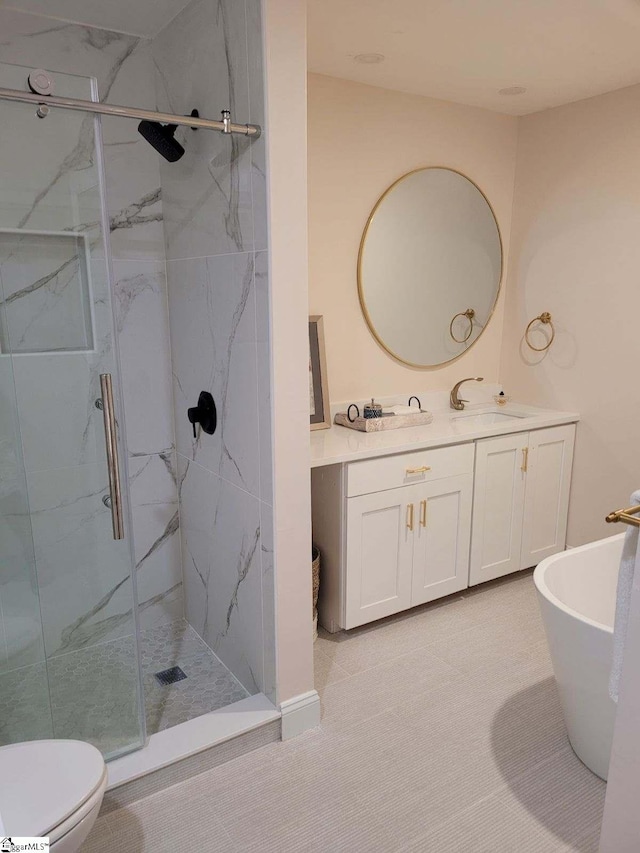 full bathroom with vanity, tile patterned flooring, separate shower and tub, and toilet