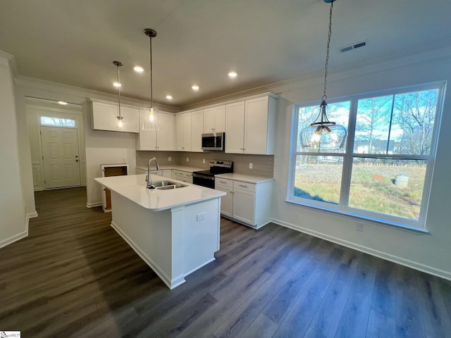 kitchen with white cabinets, appliances with stainless steel finishes, sink, and a center island with sink