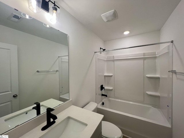 full bathroom with toilet, washtub / shower combination, and vanity