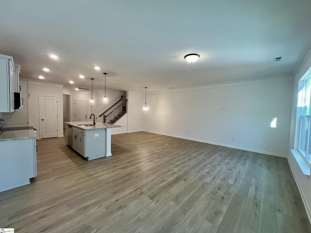 kitchen with light hardwood / wood-style floors, sink, pendant lighting, and a center island with sink