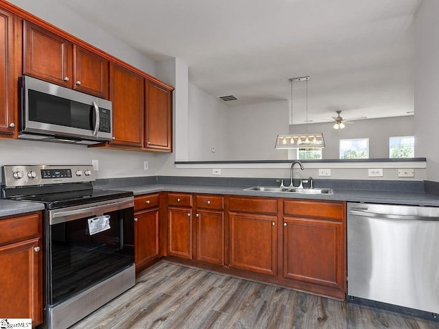 kitchen with appliances with stainless steel finishes, kitchen peninsula, wood-type flooring, ceiling fan, and sink