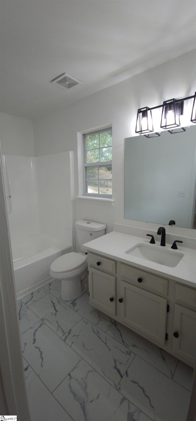 316 Windy Meadow Way, Simpsonville, SC 29680 - full bath featuring vanity, shower / bath combination, toilet, visible vents, and marble finish floor