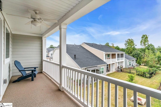 balcony featuring ceiling fan