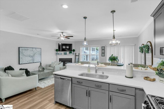 kitchen with appliances with stainless steel finishes, hanging light fixtures, light hardwood / wood-style floors, ceiling fan with notable chandelier, and sink