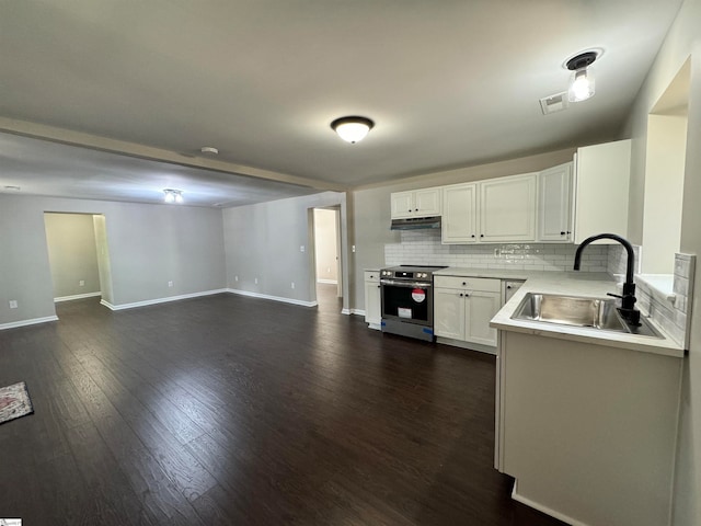 kitchen featuring sink, tasteful backsplash, white cabinetry, dark hardwood / wood-style floors, and stainless steel range with electric cooktop