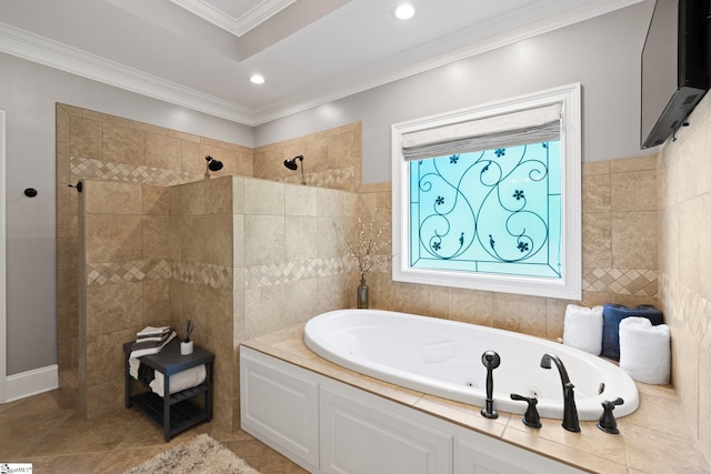 bathroom featuring plus walk in shower, tile walls, tile patterned floors, and ornamental molding