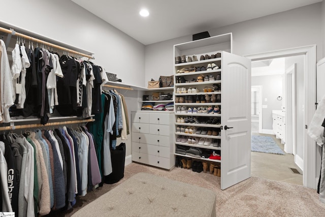 spacious closet featuring light carpet