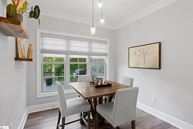 dining area with ornamental molding and dark hardwood / wood-style floors