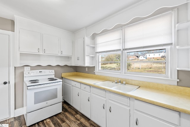 kitchen featuring a sink, white cabinetry, open shelves, and white electric range