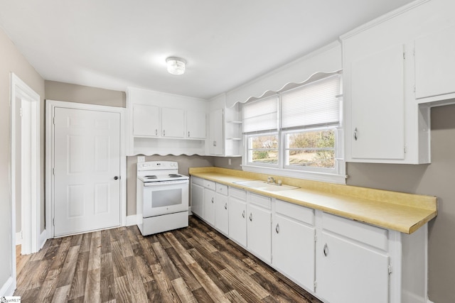 kitchen featuring white electric range, dark wood-style flooring, a sink, white cabinets, and open shelves