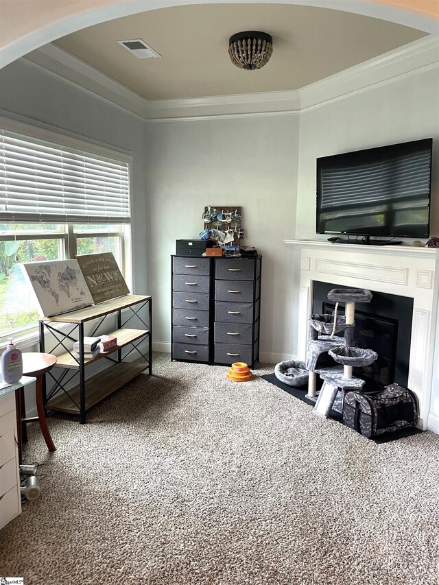 living area with carpet floors, a fireplace, and ornamental molding