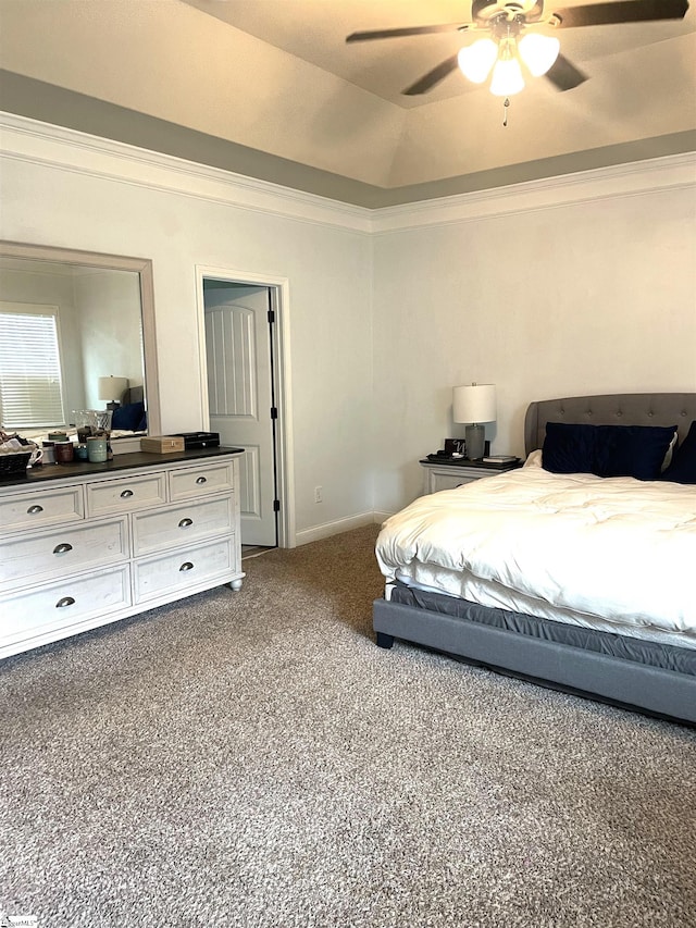 bedroom featuring ceiling fan, carpet floors, and crown molding