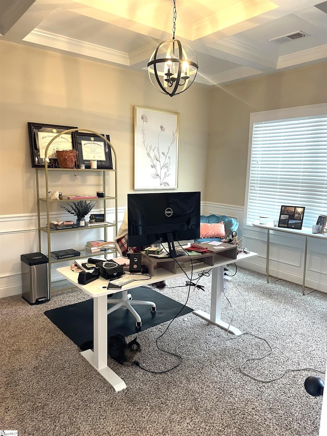 office with crown molding, carpet flooring, coffered ceiling, and a chandelier