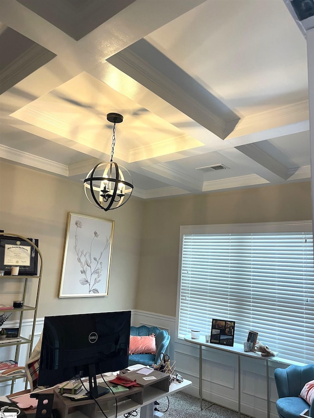 office space with coffered ceiling, crown molding, beam ceiling, carpet, and a notable chandelier