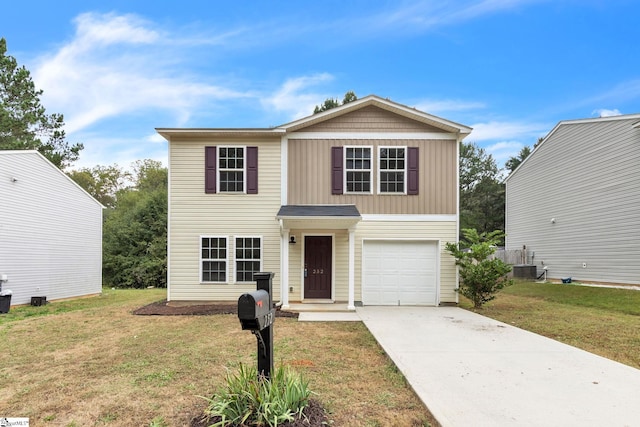 view of front of property featuring a front yard, a garage, and central air condition unit