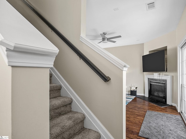 stairway featuring ceiling fan, a premium fireplace, and hardwood / wood-style flooring