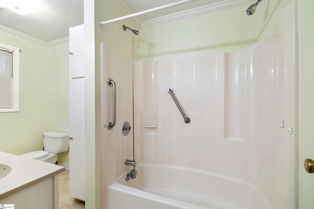 full bathroom featuring vanity, bathtub / shower combination, ornamental molding, a textured ceiling, and toilet