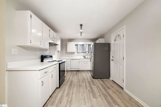 kitchen with light wood-type flooring, dishwasher, white cabinets, black electric range oven, and stainless steel fridge