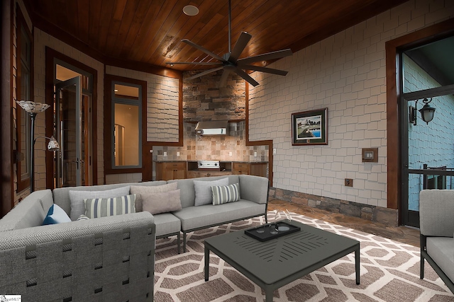 living room featuring ceiling fan and wooden ceiling