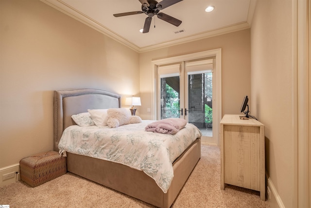 bedroom featuring crown molding, ceiling fan, light colored carpet, and access to exterior