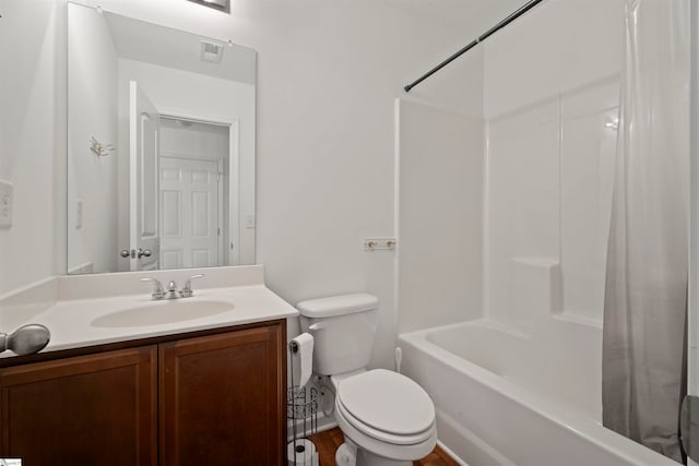 full bathroom featuring shower / tub combo, vanity, toilet, and wood-type flooring