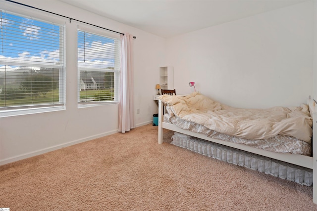 bedroom featuring light colored carpet