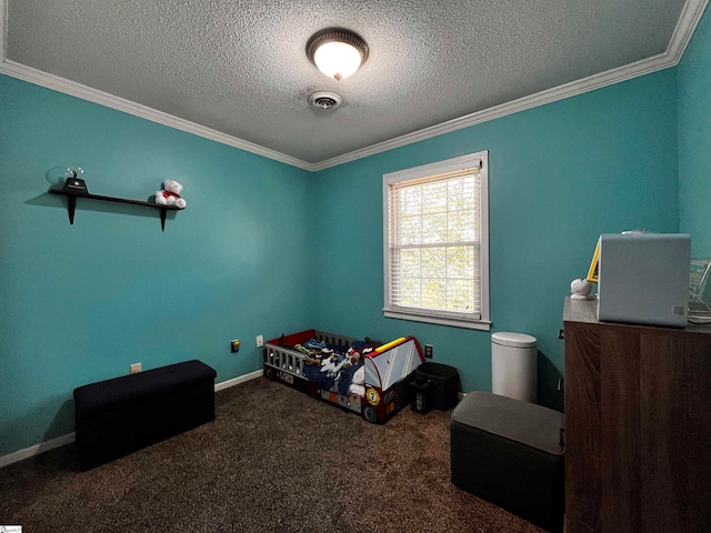 carpeted bedroom with a textured ceiling and crown molding