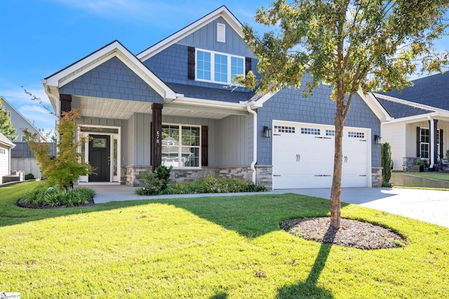 craftsman-style house featuring a porch, a garage, central air condition unit, and a front yard