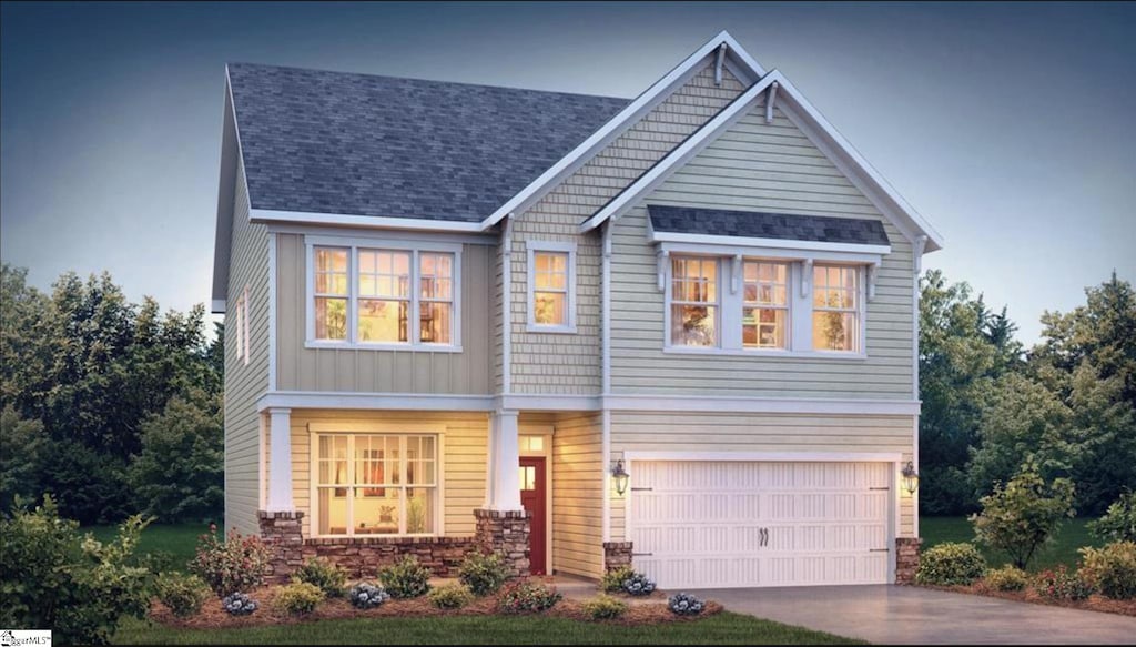 craftsman inspired home featuring a garage, roof with shingles, driveway, and board and batten siding