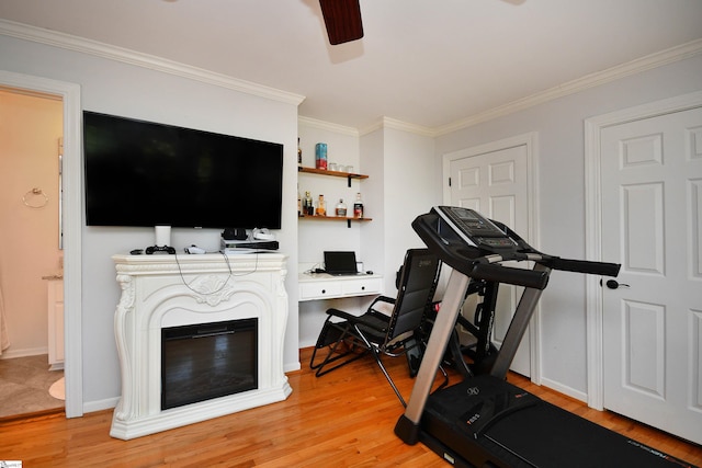 workout area with ornamental molding, light wood-type flooring, and ceiling fan