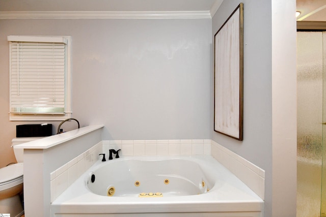 bathroom featuring a bath, ornamental molding, and toilet