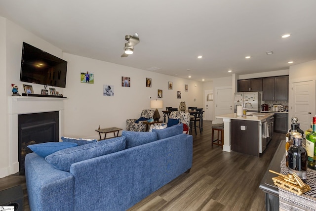 living room with dark hardwood / wood-style floors and sink