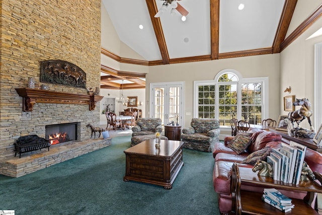 carpeted living room featuring high vaulted ceiling, a fireplace, beam ceiling, ceiling fan, and french doors