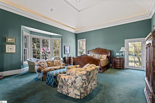 bedroom featuring carpet flooring, ornamental molding, a tray ceiling, and access to exterior