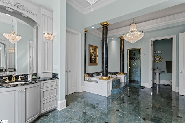 bathroom with crown molding, decorative columns, vanity, and toilet