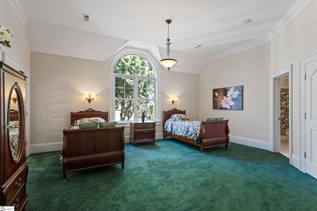 bedroom with dark carpet, lofted ceiling, and ornamental molding