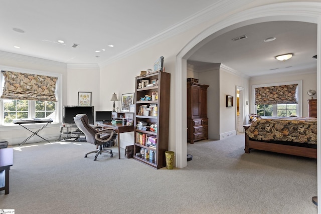 office space featuring crown molding and light colored carpet