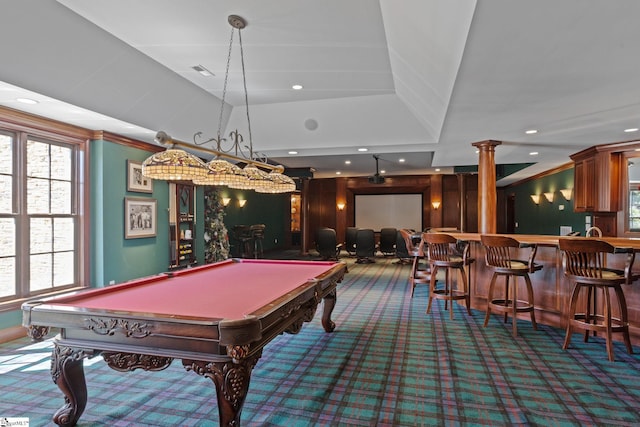 playroom with pool table, bar, dark carpet, and ornate columns