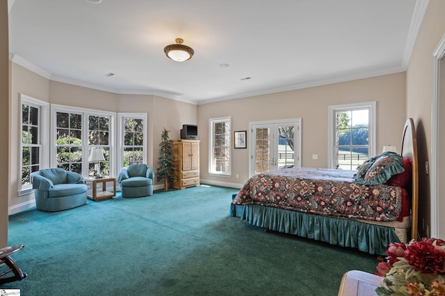 carpeted bedroom with access to outside and ornamental molding