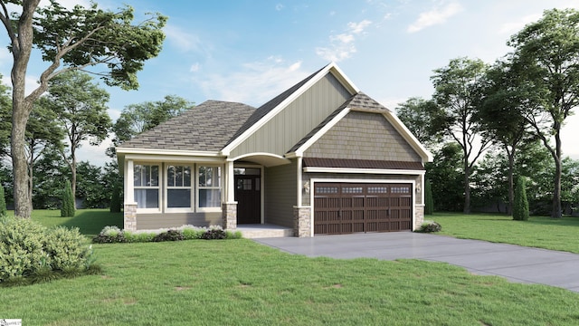 craftsman house with a shingled roof, concrete driveway, stone siding, an attached garage, and a front lawn