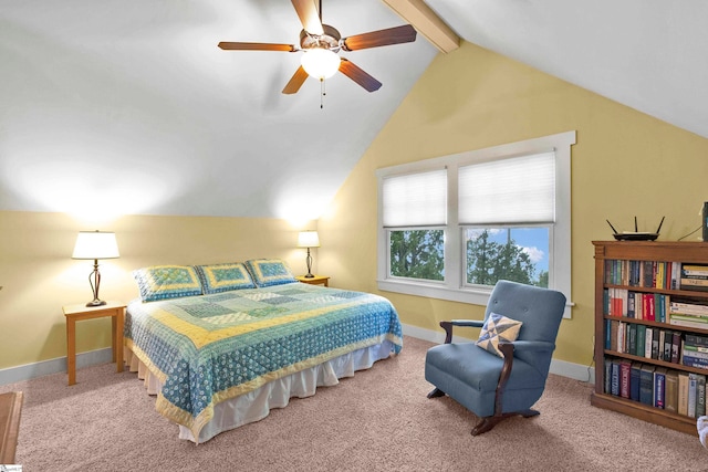 bedroom featuring vaulted ceiling with beams, ceiling fan, and carpet flooring