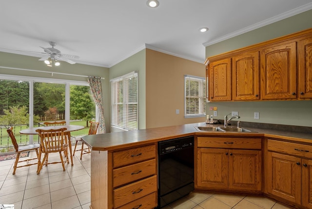 kitchen with ceiling fan, dishwasher, a sink, light tile patterned floors, and a peninsula