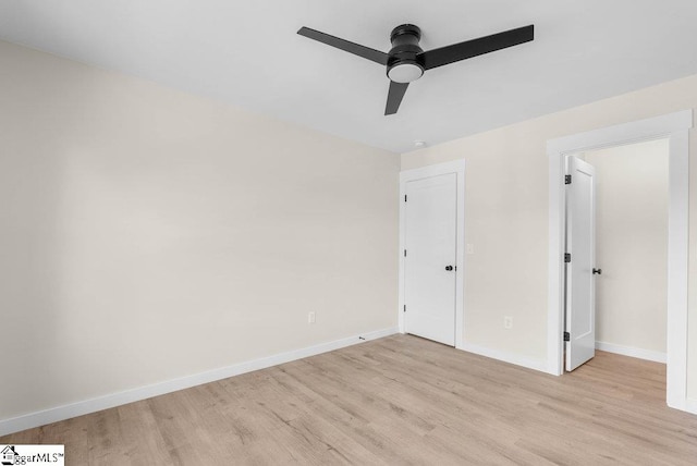 unfurnished bedroom with light wood-type flooring and ceiling fan